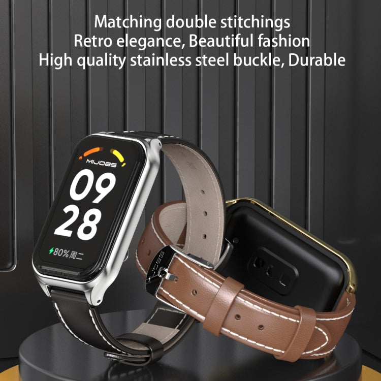 For Xiaomi Smart Band 8 Active / Redmi Band 2 Mijobs Metal Shell Genuine Leather Watch Band(Black Silver) - Watch Bands by MIJOBS | Online Shopping UK | buy2fix