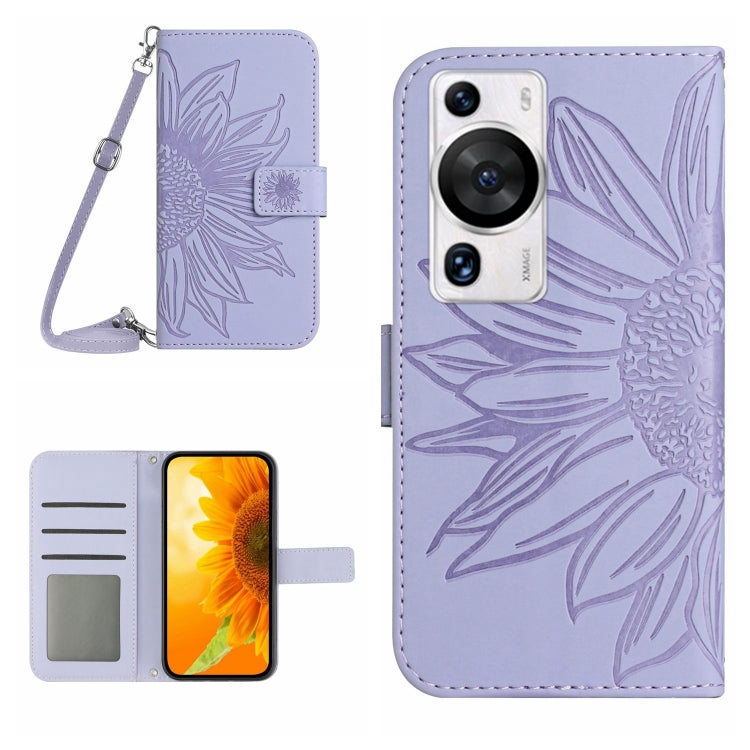 For Huawei P60 Pro Skin Feel Sun Flower Embossed Flip Leather Phone Case with Lanyard(Purple) - Huawei Cases by buy2fix | Online Shopping UK | buy2fix