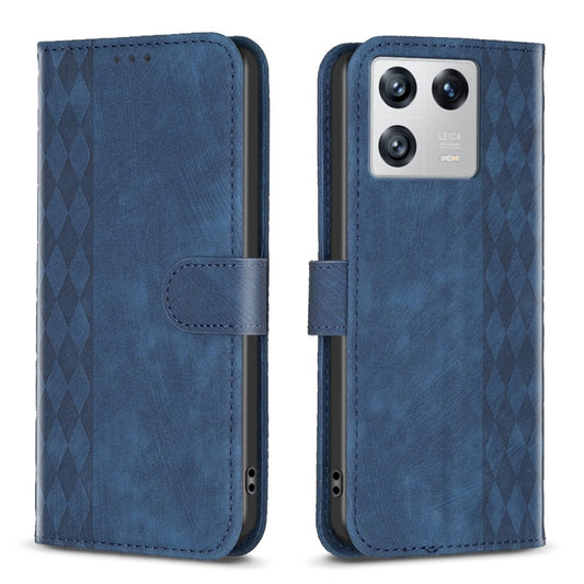 For Xiaomi 13 Plaid Embossed Leather Phone Case(Blue) - 13 Cases by buy2fix | Online Shopping UK | buy2fix