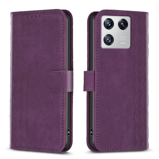 For Xiaomi 13 Plaid Embossed Leather Phone Case(Purple) - 13 Cases by buy2fix | Online Shopping UK | buy2fix