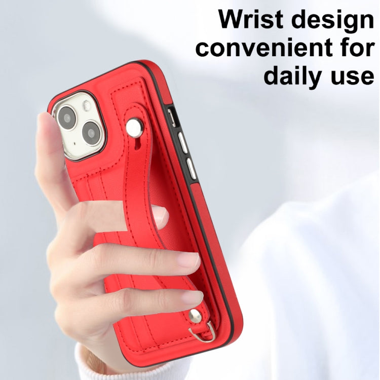 For iPhone 13 Shockproof Leather Phone Case with Wrist Strap(Red) - iPhone 13 Cases by buy2fix | Online Shopping UK | buy2fix