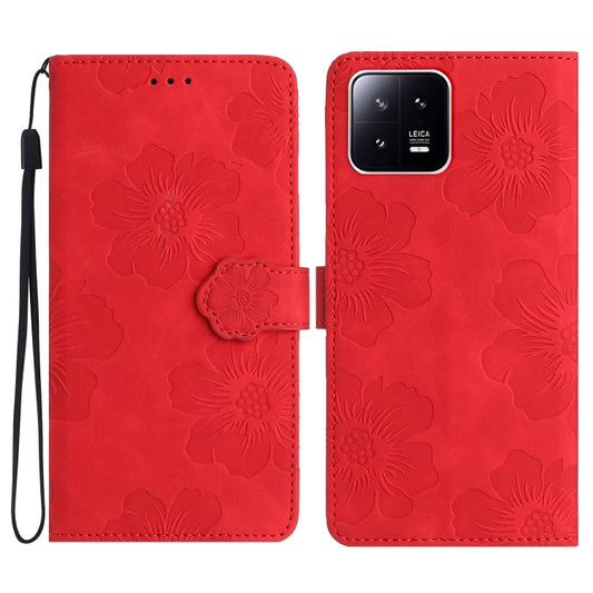 For Xiaomi 13 Flower Embossing Pattern Leather Phone Case(Red) - 13 Cases by buy2fix | Online Shopping UK | buy2fix