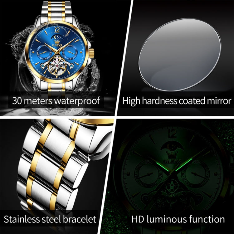 OLEVS 6663 Men Multifunctional Waterproof Hollow Steel Strap Mechanical Watch(Blue + Gold) - Metal Strap Watches by buy2fix | Online Shopping UK | buy2fix