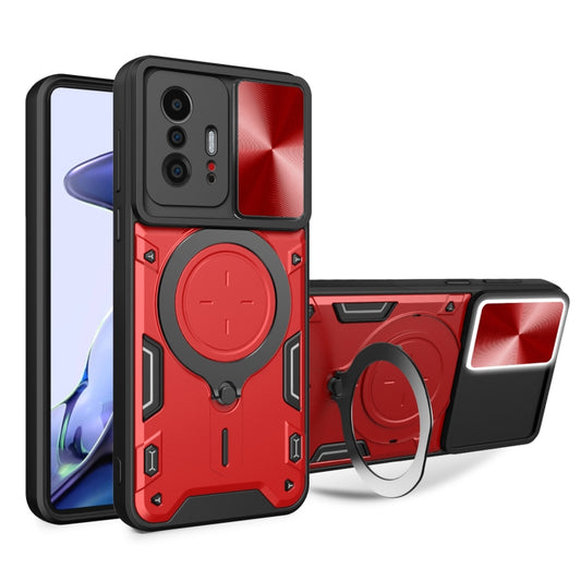For Xiaomi 11T CD Texture Sliding Camshield Magnetic Holder Phone Case(Red) - Xiaomi Cases by buy2fix | Online Shopping UK | buy2fix