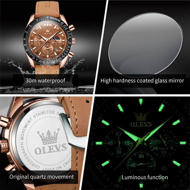 OLEVS 9957 Men Luminous Waterproof Leather Strap Quartz Watch(Blue) - Leather Strap Watches by OLEVS | Online Shopping UK | buy2fix