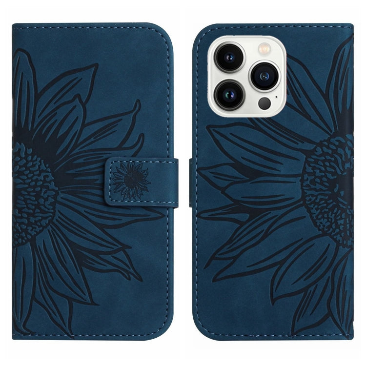For iPhone 15 Pro Skin Feel Sun Flower Embossed Flip Leather Phone Case with Lanyard(Inky Blue) - iPhone 15 Pro Cases by buy2fix | Online Shopping UK | buy2fix