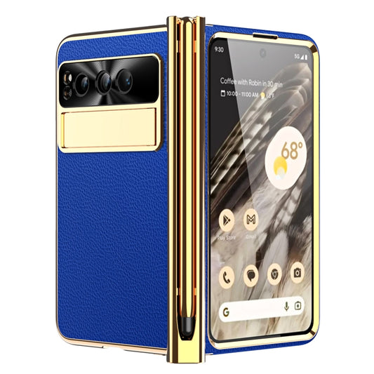 For Google Pixel Fold Litchi Pattern Electroplating Pen Slot Folding Phone Case with Stylus(Royal Blue) - Google Cases by buy2fix | Online Shopping UK | buy2fix