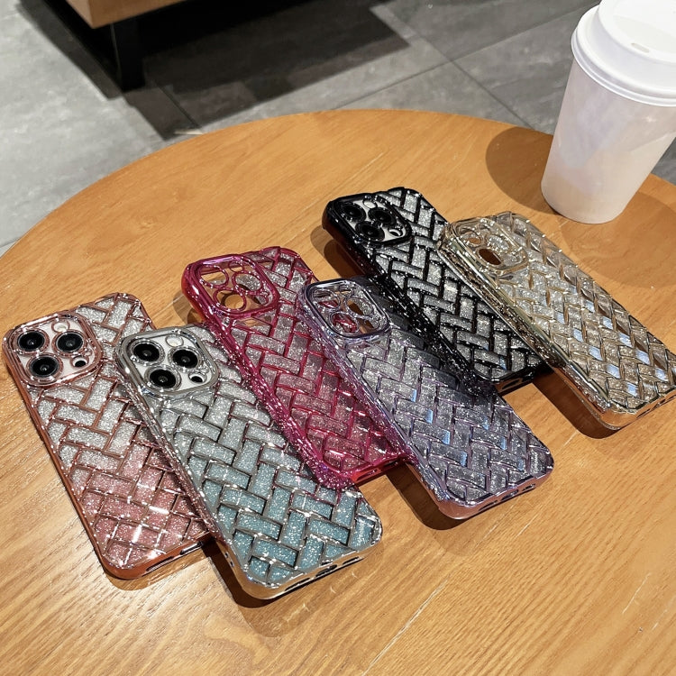 For iPhone 14 Woven Grid 3D Electroplating Laser Engraving Glitter Paper Phone Case(Silver) - iPhone 14 Cases by buy2fix | Online Shopping UK | buy2fix