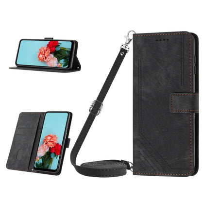 For Infinix Hot 30 Play NFC Skin Feel Stripe Pattern Leather Phone Case with Lanyard(Black) - Infinix Cases by buy2fix | Online Shopping UK | buy2fix