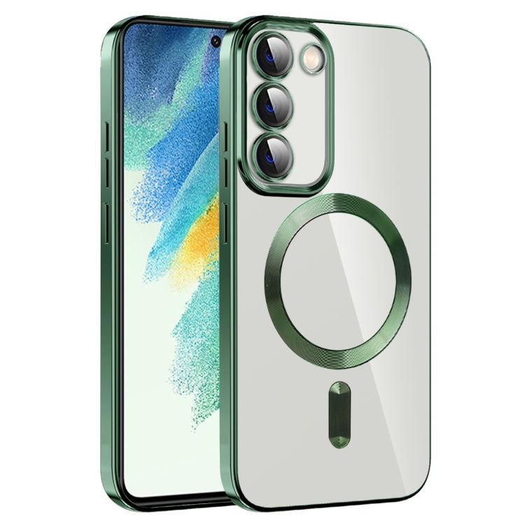 For Samsung Galaxy S21 FE 5G CD Texture Plating TPU MagSafe Phone Case with Lens Film(Dark Green) - Galaxy Phone Cases by buy2fix | Online Shopping UK | buy2fix