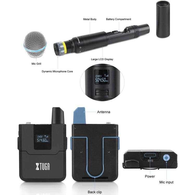 XTUGA A140-HB Wireless Microphone System 4 Channel Handheld Lavalier Headset Microphone(US Plug) - Microphone by XTUGA | Online Shopping UK | buy2fix