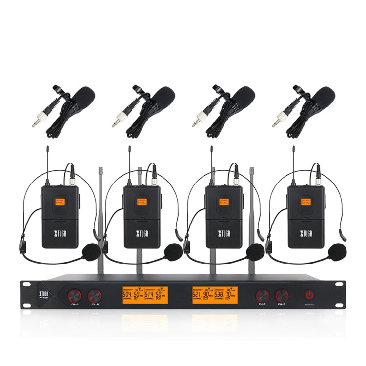 XTUGA A400-B Professional 4-Channel UHF Wireless Microphone System with 4 BodyPack Lavalier Headset Microphone(US Plug) - Microphone by XTUGA | Online Shopping UK | buy2fix