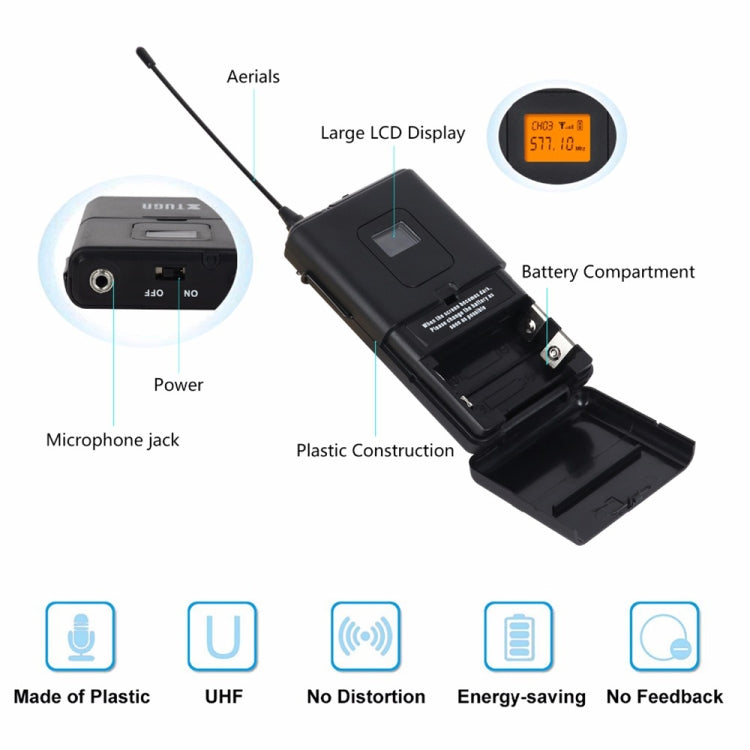 XTUGA A400-B Professional 4-Channel UHF Wireless Microphone System with 4 BodyPack Lavalier Headset Microphone(AU Plug) - Microphone by XTUGA | Online Shopping UK | buy2fix