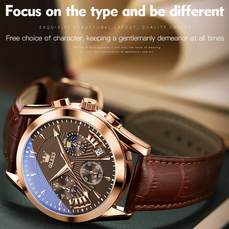 OLEVS 2876 Men Multifunctional Sports Chronograph Quartz Watch(Coffee + Rose Gold) - Leather Strap Watches by OLEVS | Online Shopping UK | buy2fix