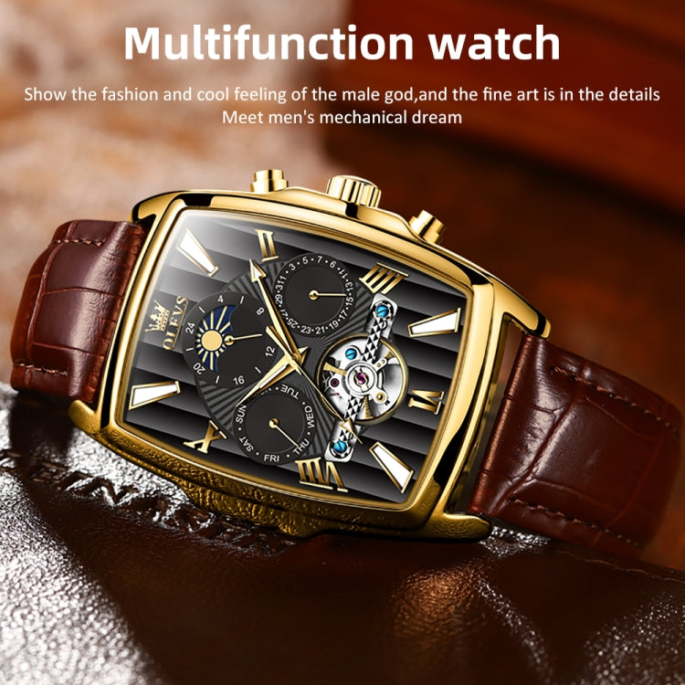 OLEVS 6675 Men Multifunctional Moon Phase Tourbillon Mechanical Watch(Black + Gold) - Leather Strap Watches by OLEVS | Online Shopping UK | buy2fix