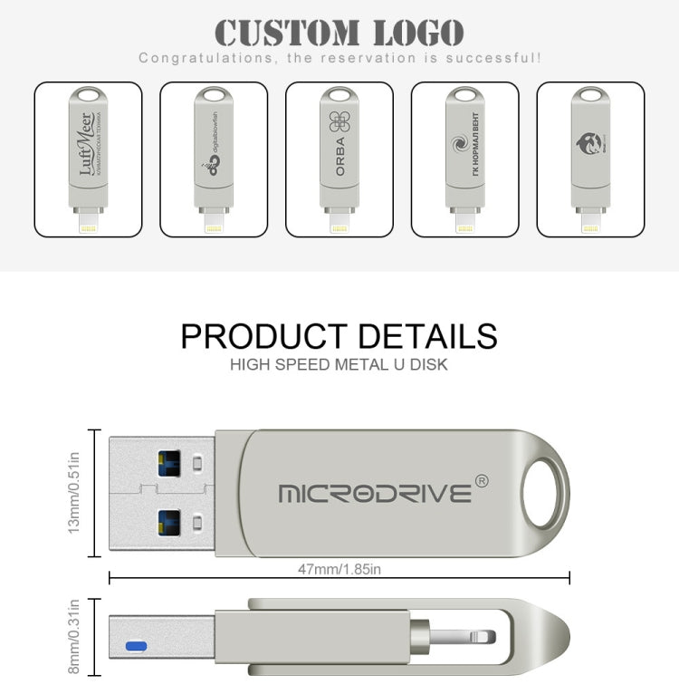 MicroDrive 2 In 1  8 Pin + USB 2.0 Portable Metal USB Flash Disk, Capacity:64GB(Silver) - USB Flash Drives by MICRODRIVE | Online Shopping UK | buy2fix