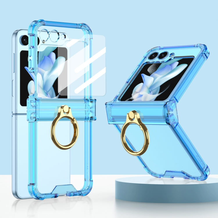 For Samsung Galaxy Z Flip5 Gkk Airbag Hinge Silicone Phone Case with Ring Holder & Tempered Film(Transparent Blue) - Galaxy Z Flip5 Cases by GKK | Online Shopping UK | buy2fix