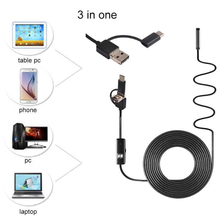 AN100 3 in 1 IP67 Waterproof USB-C / Type-C + Micro USB + USB HD Endoscope Hard Tube Inspection Camera for Parts of OTG Function Android Mobile Phone, with 6 LEDs, Lens Diameter:5.5mm(Length: 5m) - Consumer Electronics by buy2fix | Online Shopping UK | buy2fix