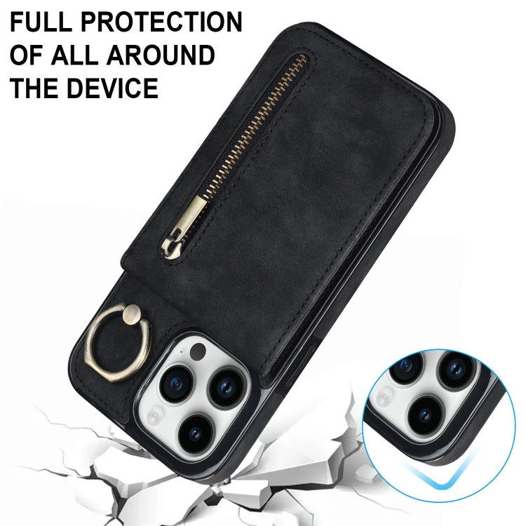 For iPhone 15 Pro Max Retro Ring and Zipper RFID Card Slot Phone Case(Black) - iPhone 15 Pro Max Cases by buy2fix | Online Shopping UK | buy2fix