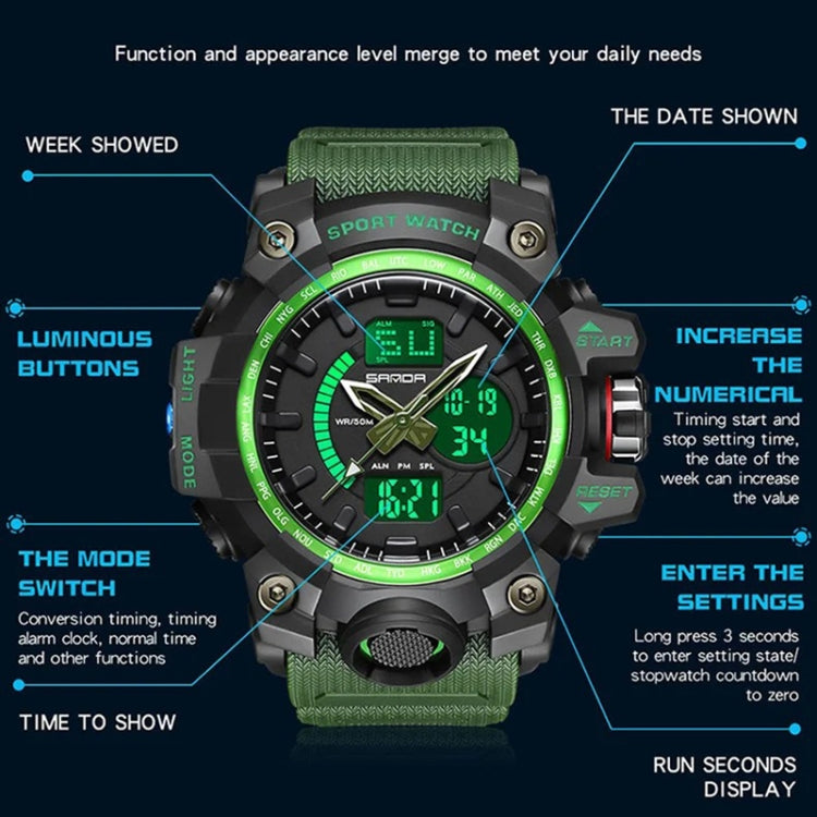 SANDA 3132 Men Multifunctional Waterproof Luminous Sports Watch(Black) - Silicone Strap Watches by SANDA | Online Shopping UK | buy2fix