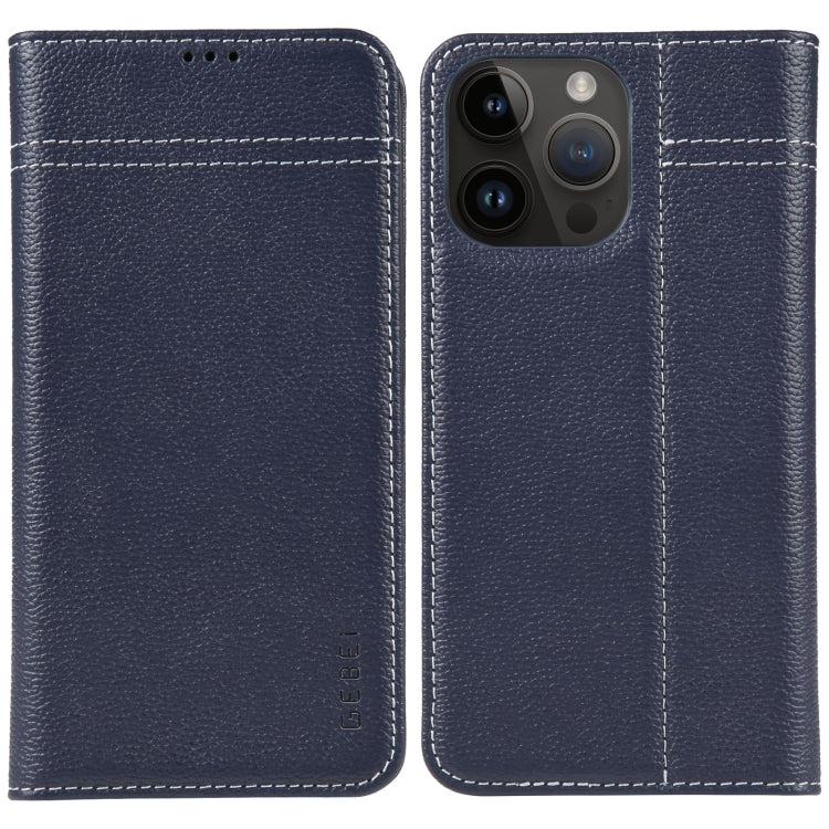 For iPhone 15 Pro Max GEBEI Top-grain Horizontal Flip Leather Phone Case(Blue) - iPhone 15 Pro Max Cases by GEBEI | Online Shopping UK | buy2fix