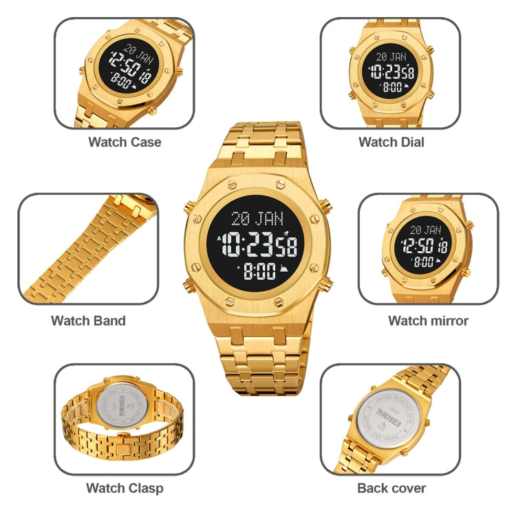 SKMEI 2043 Multifunctional Muslim Worships Compass Digital Wrist Watch(Silver Gold+White) - Metal Strap Watches by SKMEI | Online Shopping UK | buy2fix