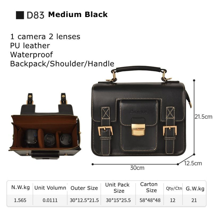 Cwatcun D83 Vintage Small Camera Case Leather Camera Messenger Bag, Size:30 x 21.5 x 12.5cm(Black) - Strap Satchel by Cwatcun | Online Shopping UK | buy2fix