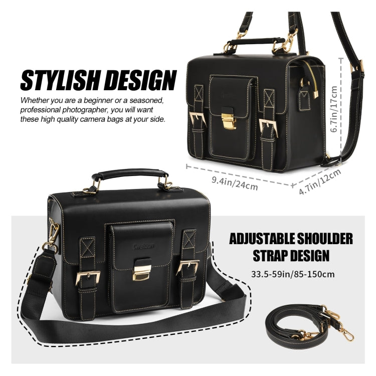 Cwatcun D83 Vintage Small Camera Case Leather Camera Messenger Bag, Size:30 x 21.5 x 12.5cm(Black) - Strap Satchel by Cwatcun | Online Shopping UK | buy2fix