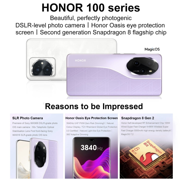 Honor 100 Pro, 16GB+256GB, Screen Fingerprint Identification, 6.78 inch MagicOS 7.2 Snapdragon 8 Gen 2 Octa Core up to 3.19GHz, Network: 5G, NFC, OTG, Support Google Play(White) - Honor by Huawei | Online Shopping UK | buy2fix