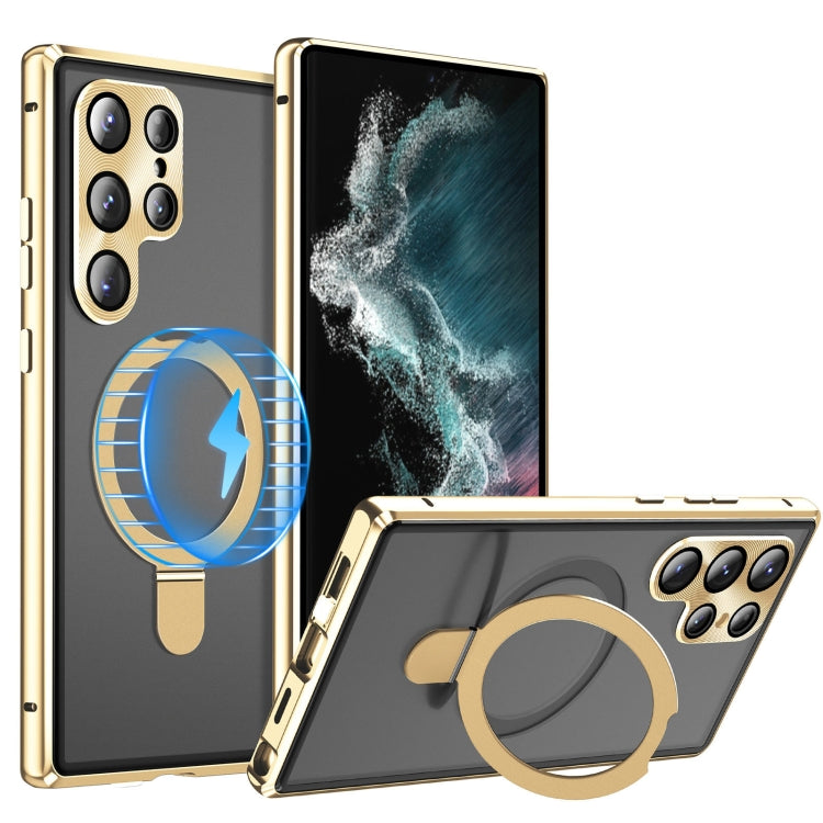 For Samsung Galaxy S22 Ultra 5G MagSafe Magnetic HD Frosted Tempered Glass Holder Phone Case(Gold) - Galaxy S22 Ultra 5G Cases by buy2fix | Online Shopping UK | buy2fix