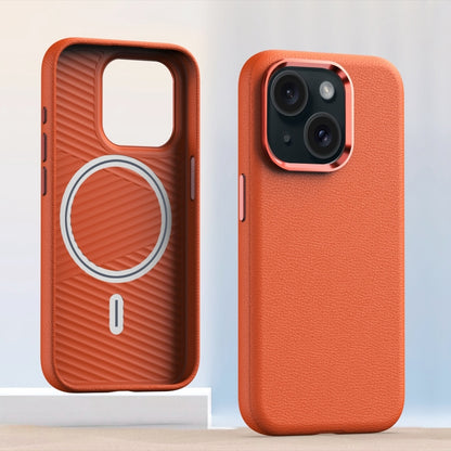 For iPhone 15 Metal Lens Frame Leather Magsafe Full Coverage Shockproof Phone Case(Orange) - iPhone 15 Cases by buy2fix | Online Shopping UK | buy2fix