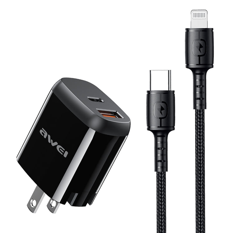 awei PD3 20W PD Type-C + QC 3.0 USB Interface Fast Charging Travel Charger with Data Cable, US Plug - USB Charger by awei | Online Shopping UK | buy2fix