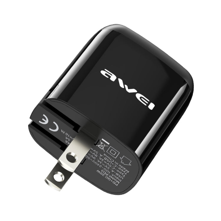 awei PD3 20W PD Type-C + QC 3.0 USB Interface Fast Charging Travel Charger with Data Cable, US Plug - USB Charger by awei | Online Shopping UK | buy2fix