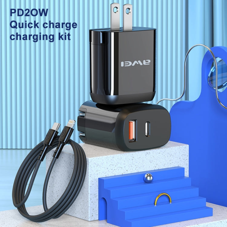 awei PD3 20W PD Type-C + QC 3.0 USB Interface Fast Charging Travel Charger with Data Cable, US Plug - USB Charger by awei | Online Shopping UK | buy2fix