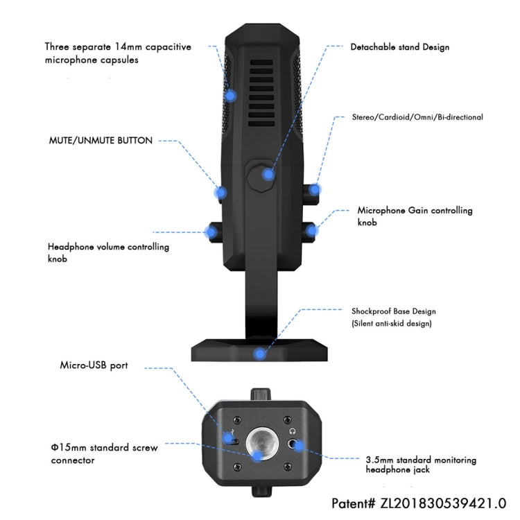 Yanmai SF-900 Multi-function Four Directivity Studio Recording Condenser Microphone with Desktop Stand(Black) - Consumer Electronics by Yanmai | Online Shopping UK | buy2fix