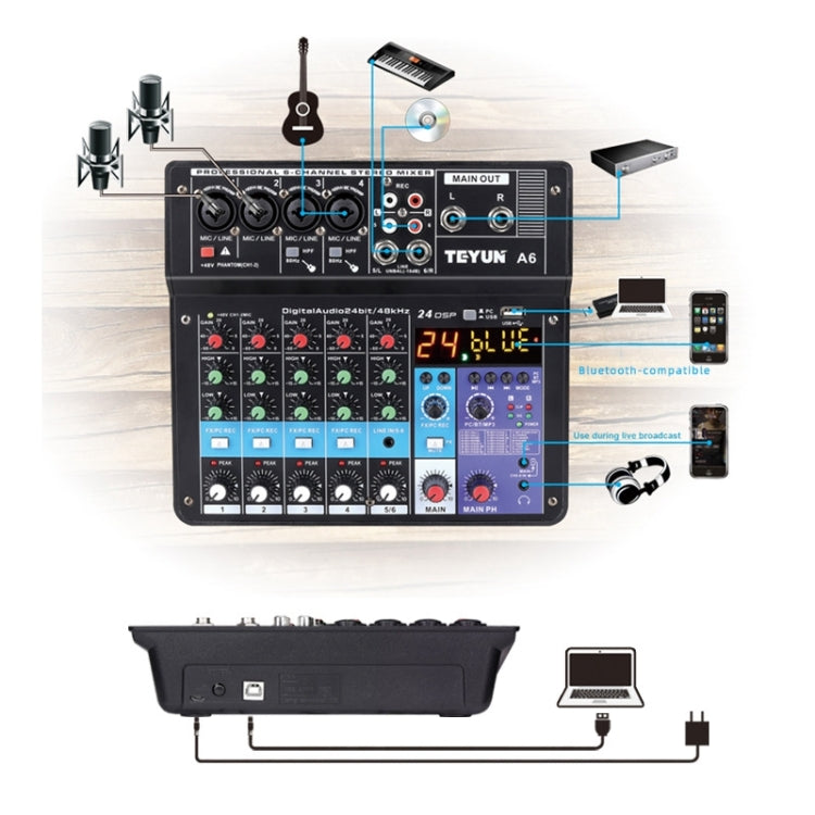 TEYUN NA6 6-channel Small Mixing Console Mobile Phone Sound Card Live Broadcast Computer Recording Console Processor, US Plug(Black) - Consumer Electronics by TEYUN | Online Shopping UK | buy2fix