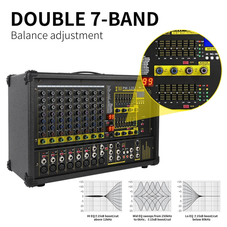 XTUGA PM1202 900W 10 Channel Stage Power Mixer 24Bit Multil-FX Processor Dual 99 DSP Effect DJ Amplifier (UK Plug) - Live Sound Effects Processors by XTUGA | Online Shopping UK | buy2fix