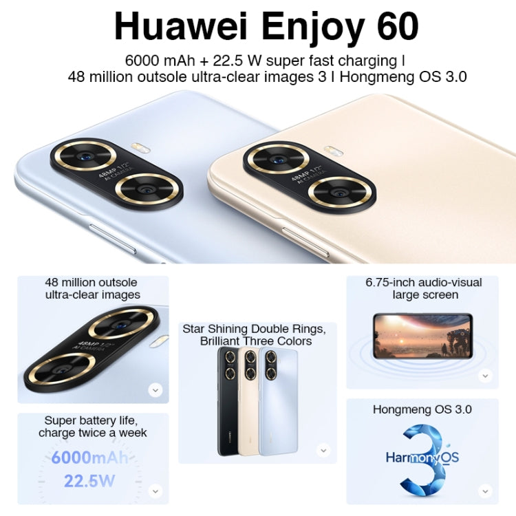 Huawei Enjoy 60 128GB MGA-AL40,  48MP Cameras, China Version, Dual Back Cameras, Face ID & Side Fingerprint Identification, 6000mAh Battery, 6.75 inch HarmonyOS 3.0 Octa Core, Network: 4G, OTG, Not Support Google Play(Blue) - Huawei Mate & P by Huawei | Online Shopping UK | buy2fix