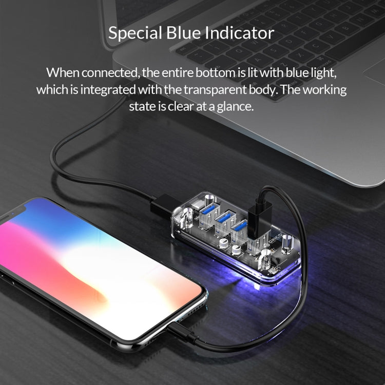 ORICO F4U 4 x USB 3.0 Ports 5Gbps Fast Transmission Desktop HUB with Blue LED Indicator Light(Transparent) - USB 3.0 HUB by ORICO | Online Shopping UK | buy2fix