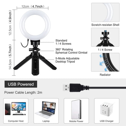 PULUZ 4.7 inch 12cm USB 3 Modes Dimmable LED Ring Vlogging Photography Video Lights + Pocket Tripod Mount Kit with Cold Shoe Tripod Ball Head(Black) - Ring Light by PULUZ | Online Shopping UK | buy2fix