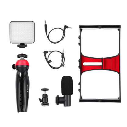 PULUZ 4 in 1 Vlogging Live Broadcast LED Selfie Fill Light Smartphone Video Rig Kits with Microphone + Tripod Mount + Cold Shoe Tripod Head for iPhone, Galaxy, Huawei, Xiaomi, HTC, LG, Google, and Other Smartphones(Red) - Camera Cage by PULUZ | Online Shopping UK | buy2fix