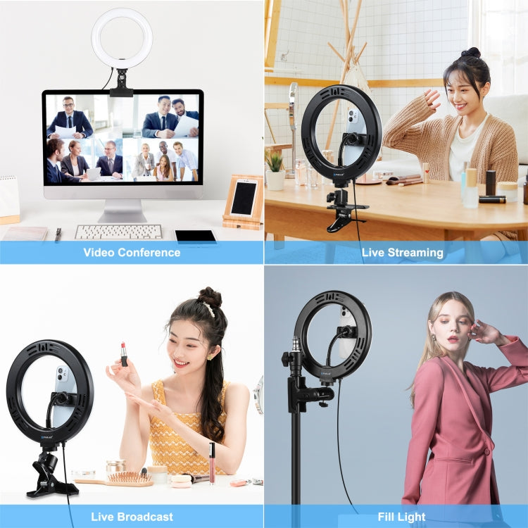 PULUZ 7.9 inch 20cm Ring Selfie Light + Monitor Clip 3 Modes USB Dimmable Dual Color Temperature LED Curved Vlogging Photography Video Lights Kits with Phone Clamp(Black) - Ring Light by PULUZ | Online Shopping UK | buy2fix