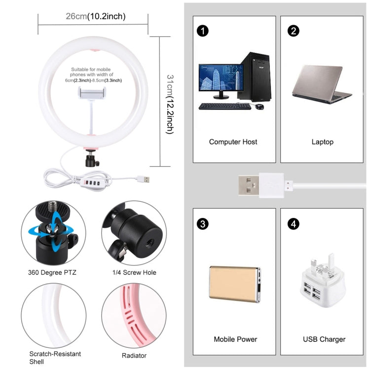 PULUZ 10.2 inch 26cm USB 3 Modes Dimmable Dual Color Temperature LED Curved Diffuse Light Ring Vlogging Selfie Photography Video Lights with Phone Clamp(Pink) - Consumer Electronics by PULUZ | Online Shopping UK | buy2fix