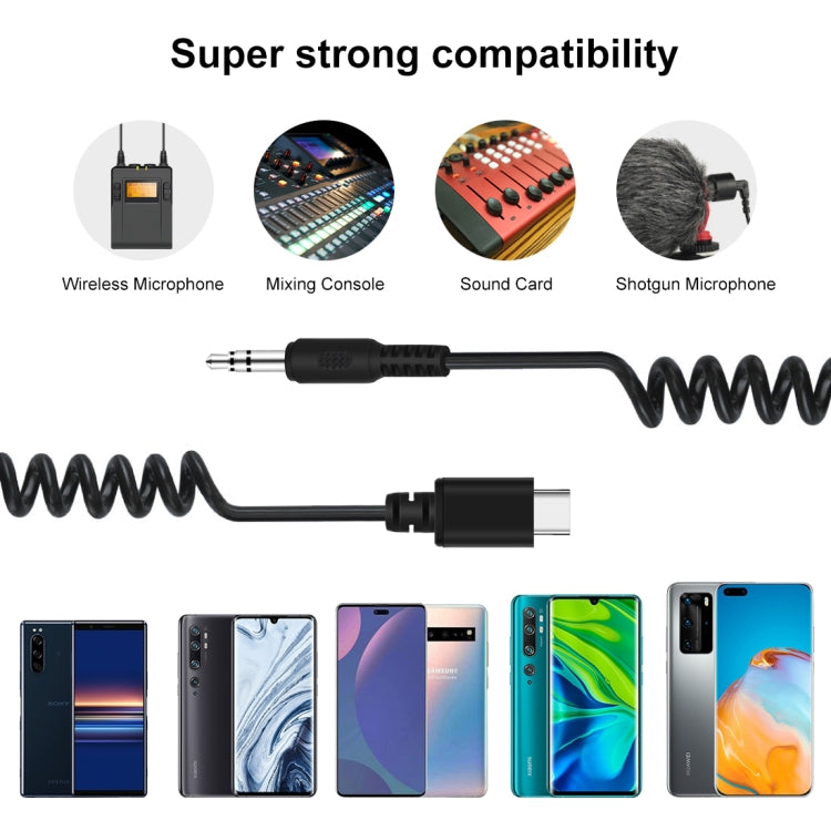 PULUZ 3.5mm TRRS Male to Type-C / USB-C Male Live Microphone Audio Adapter Spring Coiled Cable for Samsung, Huawei and Smartphones, Cable Stretching to 100cm(Black) - Consumer Electronics by PULUZ | Online Shopping UK | buy2fix