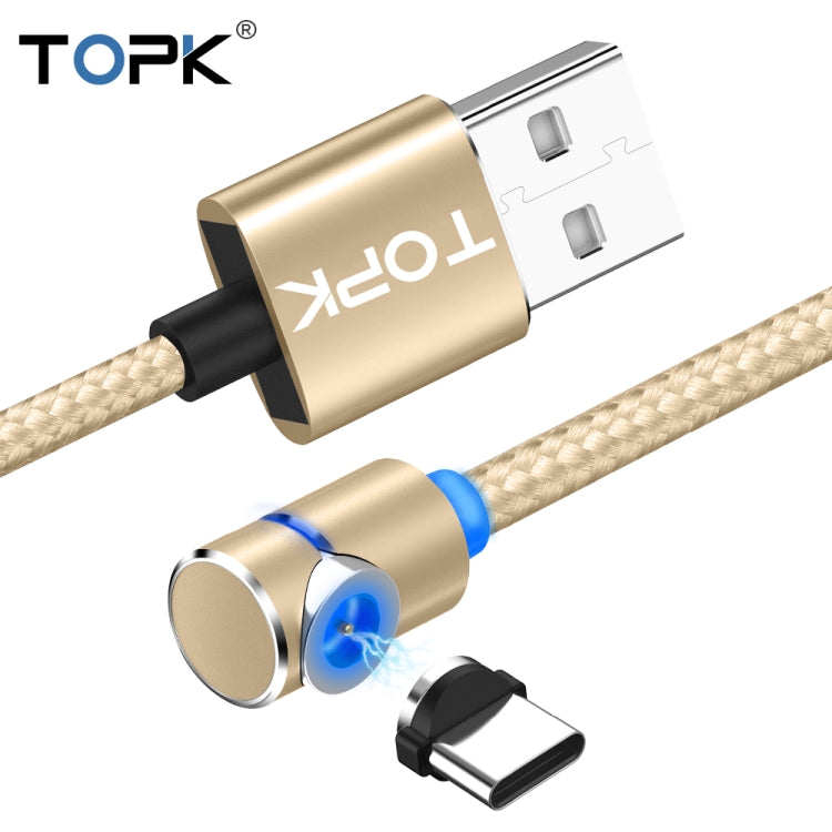TOPK 2m 2.4A Max USB to USB-C / Type-C 90 Degree Elbow Magnetic Charging Cable with LED Indicator(Gold) - Mobile Accessories by TOPK | Online Shopping UK | buy2fix