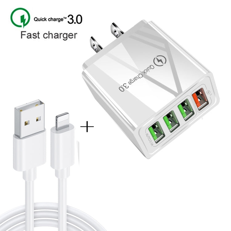 2 in 1 1m USB to 8 Pin Data Cable + 30W QC 3.0 4 USB Interfaces Mobile Phone Tablet PC Universal Quick Charger Travel Charger Set, US Plug(White) - USB Charger by buy2fix | Online Shopping UK | buy2fix