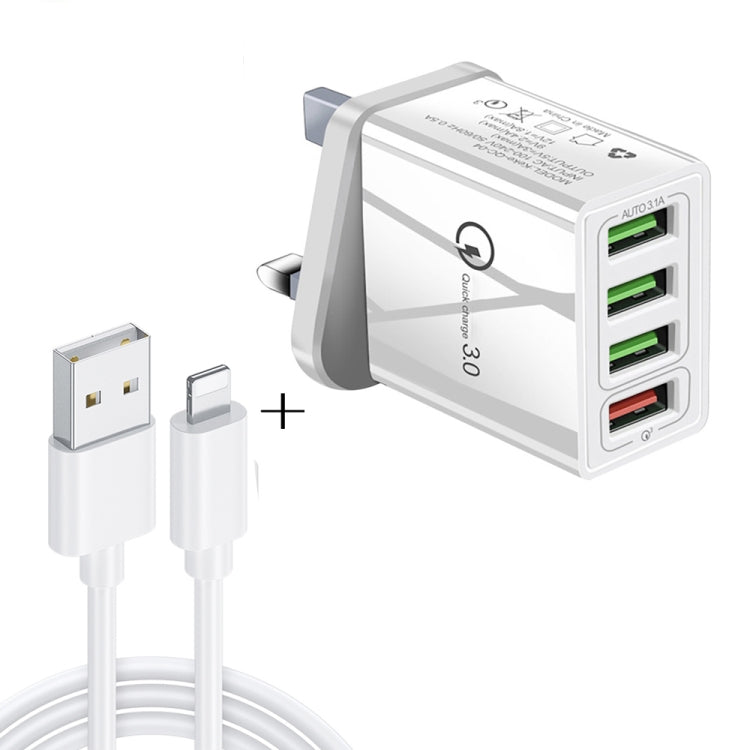 2 in 1 1m USB to 8 Pin Data Cable + 30W QC 3.0 4 USB Interfaces Mobile Phone Tablet PC Universal Quick Charger Travel Charger Set, UK Plug(White) - Apple Accessories by buy2fix | Online Shopping UK | buy2fix