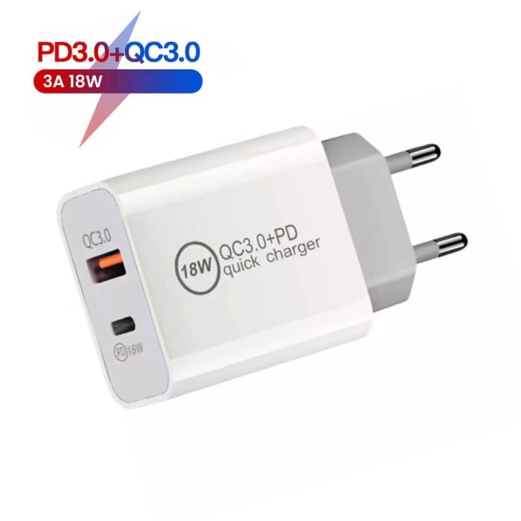 SDC-18W 18W PD 3.0 Type-C / USB-C + QC 3.0 USB Dual Fast Charging Universal Travel Charger with Type-C / USB-C to 8 Pin Fast Charging Data Cable, EU PLUG - Apple Accessories by buy2fix | Online Shopping UK | buy2fix