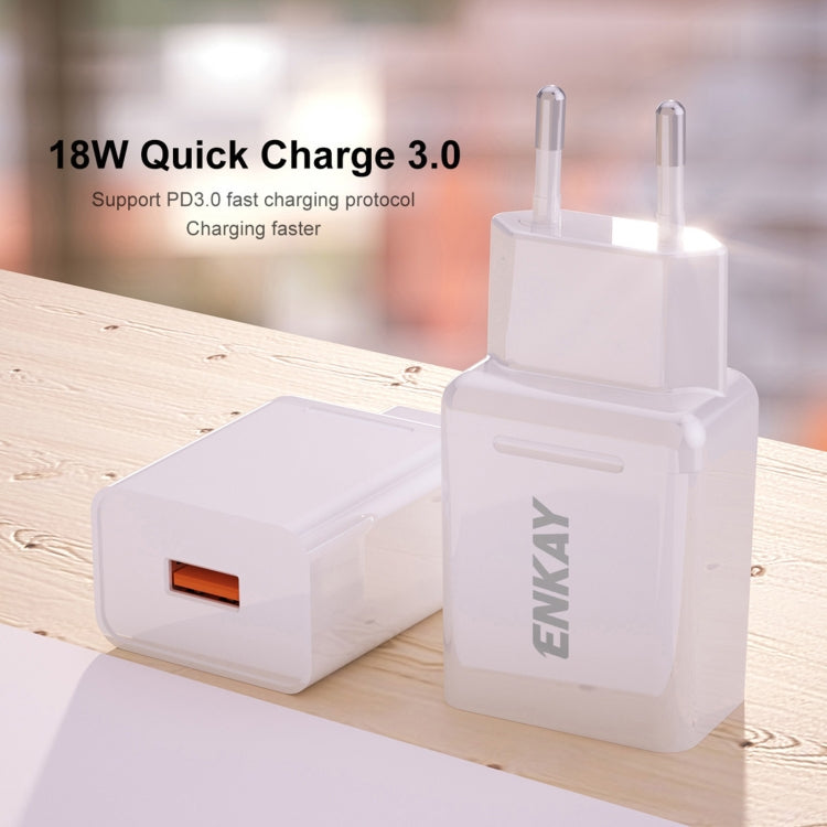 ENKAY Hat-Prince T033 18W 3A QC3.0 Fast Charging Power Adapter EU Plug Portable Travel Charger With 3A 1m 8 Pin Cable - USB Charger by ENKAY | Online Shopping UK | buy2fix