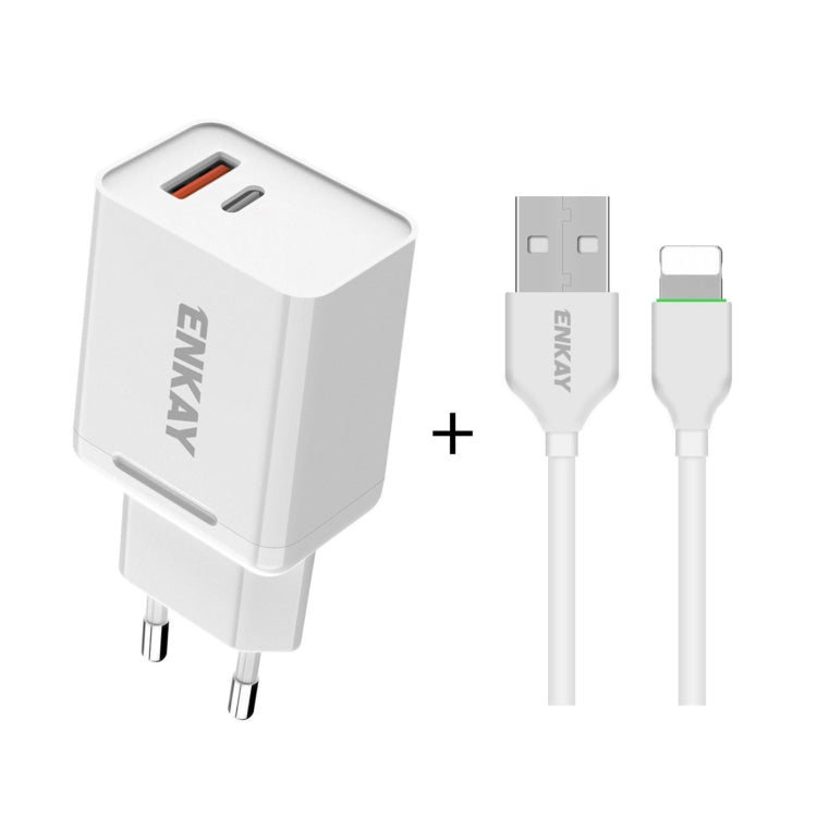 ENKAY Hat-Prince T030 18W 3A PD + QC3.0 Dual USB Fast Charging Power Adapter EU Plug Portable Travel Charger With 1m 3A 8 Pin Cable - USB Charger by ENKAY | Online Shopping UK | buy2fix